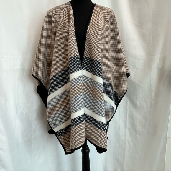 NICOLE Miller brown gray white striped poncho shawl cape - Picture 10 of 10